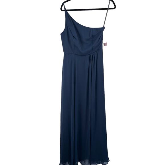After Six Midnight Navy One-Shoulder Luxe Chiffon Slit Maxi Gown Dress 8 NWT - Picture 3 of 15